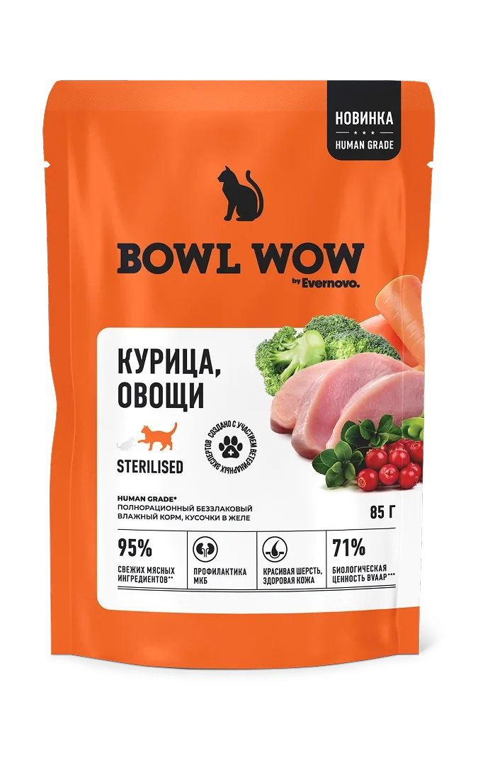 Bowl Wow Пауч ЖЕЛЕ с курицей и овощами для стерилизованных кошек (0,085 кг)