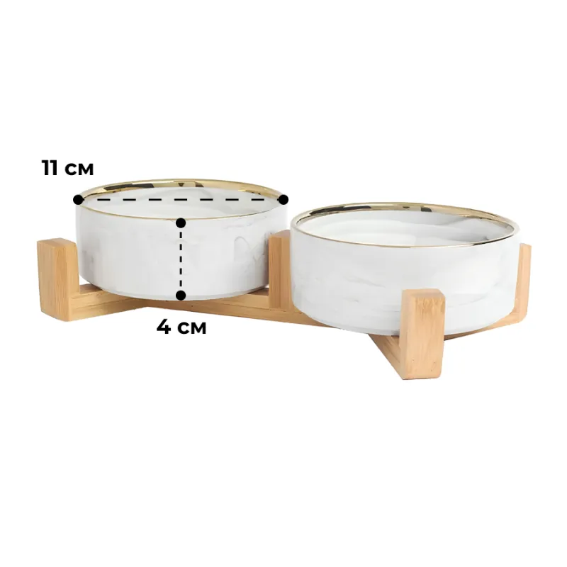 Миска керамическая на подставке ДВОЙНАЯ БЕЛЫЙ МРАМОР/ЗОЛОТО (0.3л)